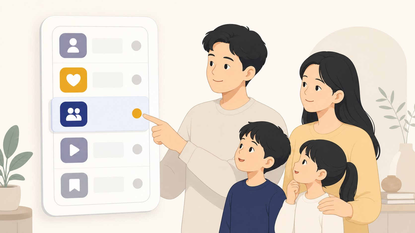 SNS 앱 아이콘이 카드 형태로 정리된 안내 화면과 한 카드를 가리키는 손길 일러스트