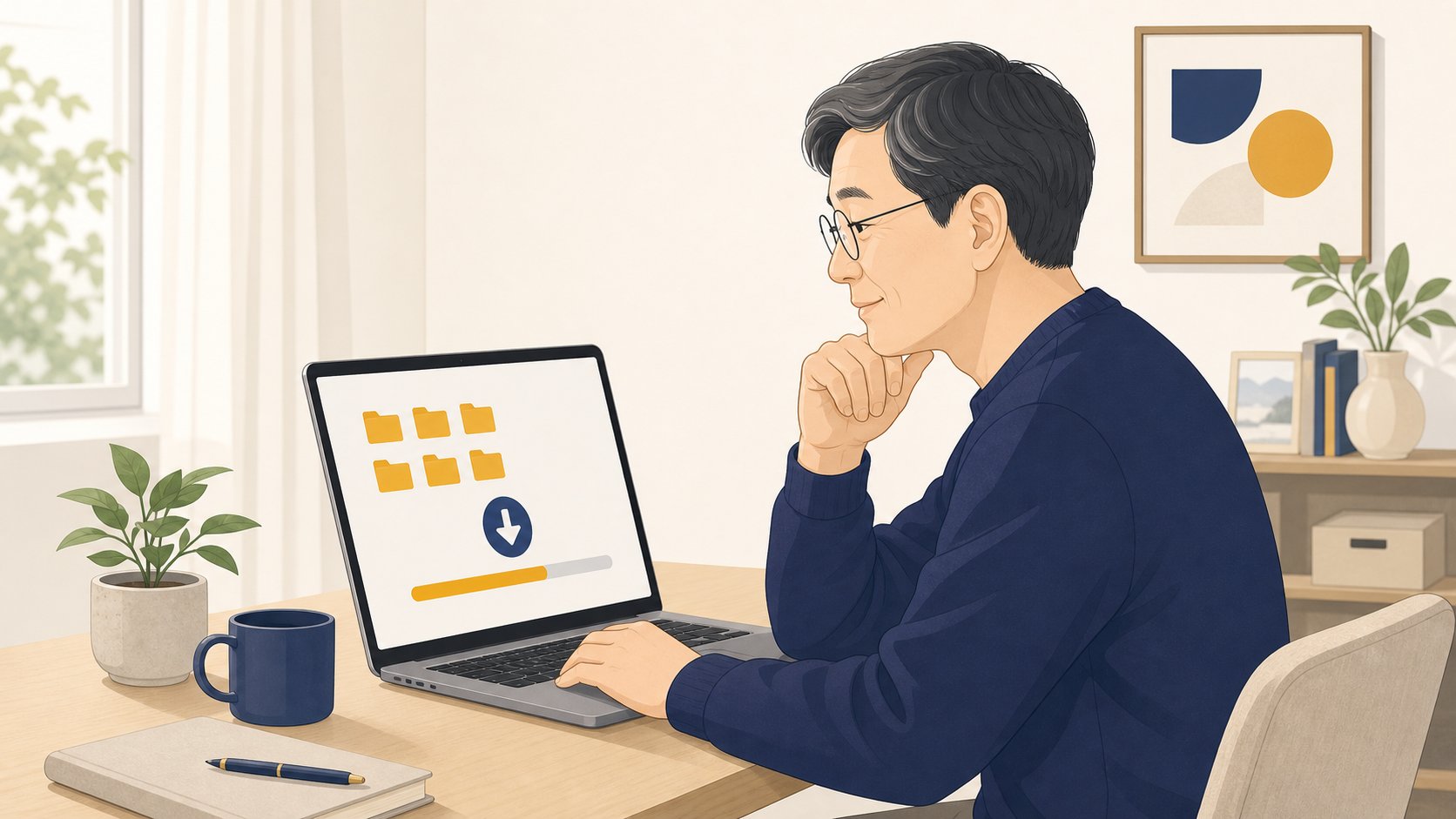 가족 한 명이 노트북 앞에서 클라우드 폴더를 차분히 다운로드하며 사진을 백업하는 장면