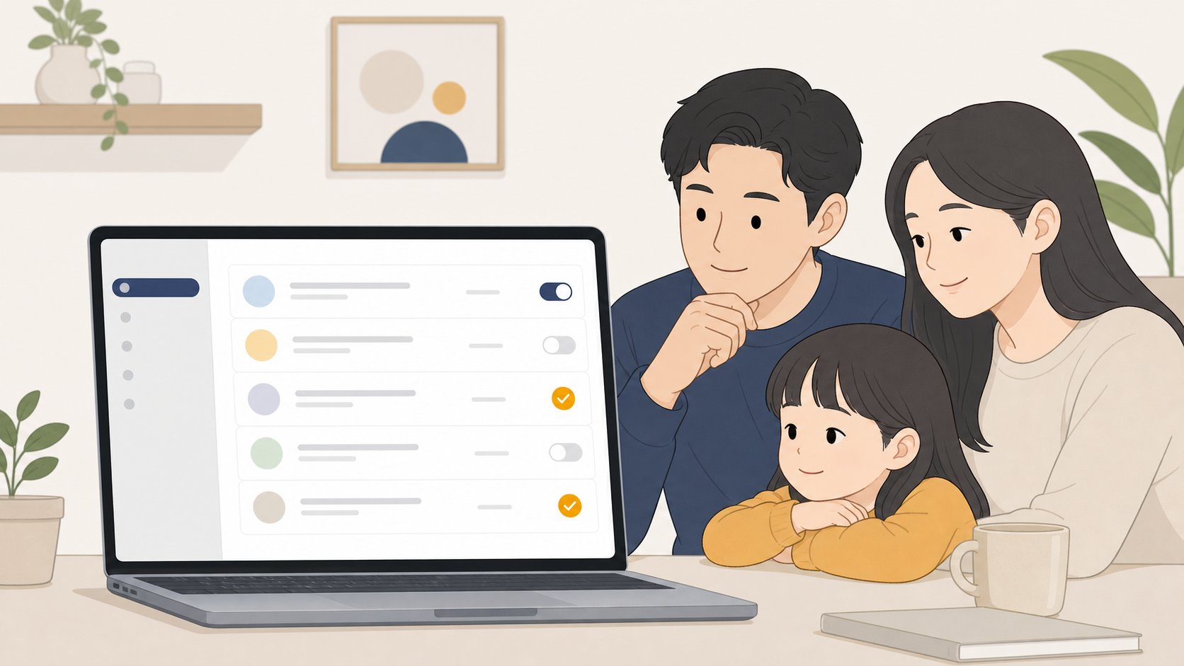 노트북 화면에 정기 결제 서비스 목록과 해지 체크 표시가 정렬된 안내 일러스트