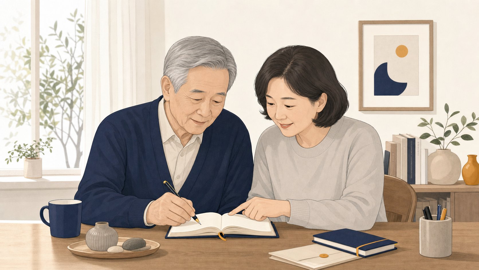 어르신과 자녀가 거실 식탁에서 노트에 계정 목록과 비밀번호 힌트를 함께 적어 정리하는 장면