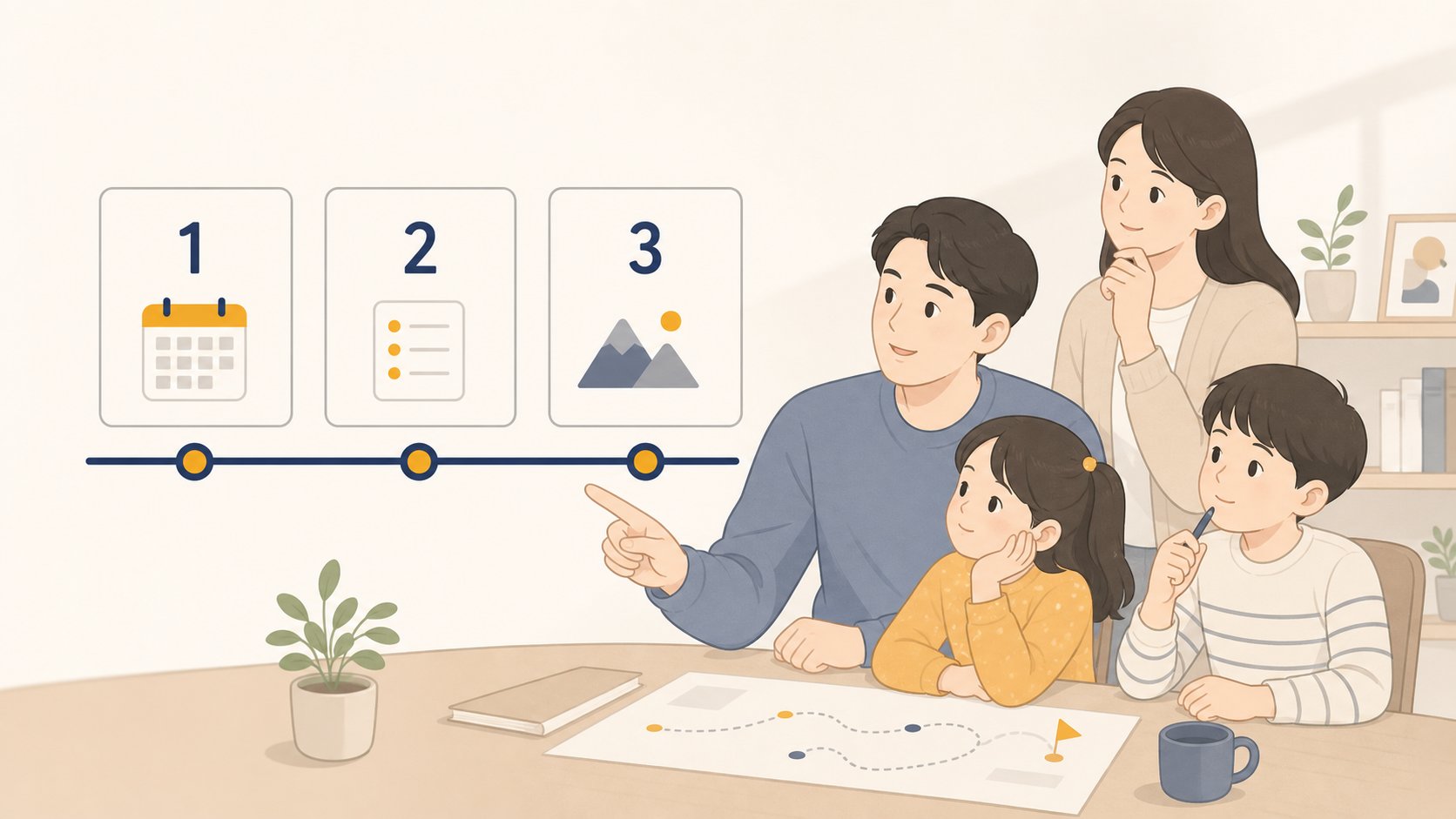 1일 2일 3일로 단계가 적힌 일정표 옆에서 가족이 일정 연장을 차분히 의논하는 장면