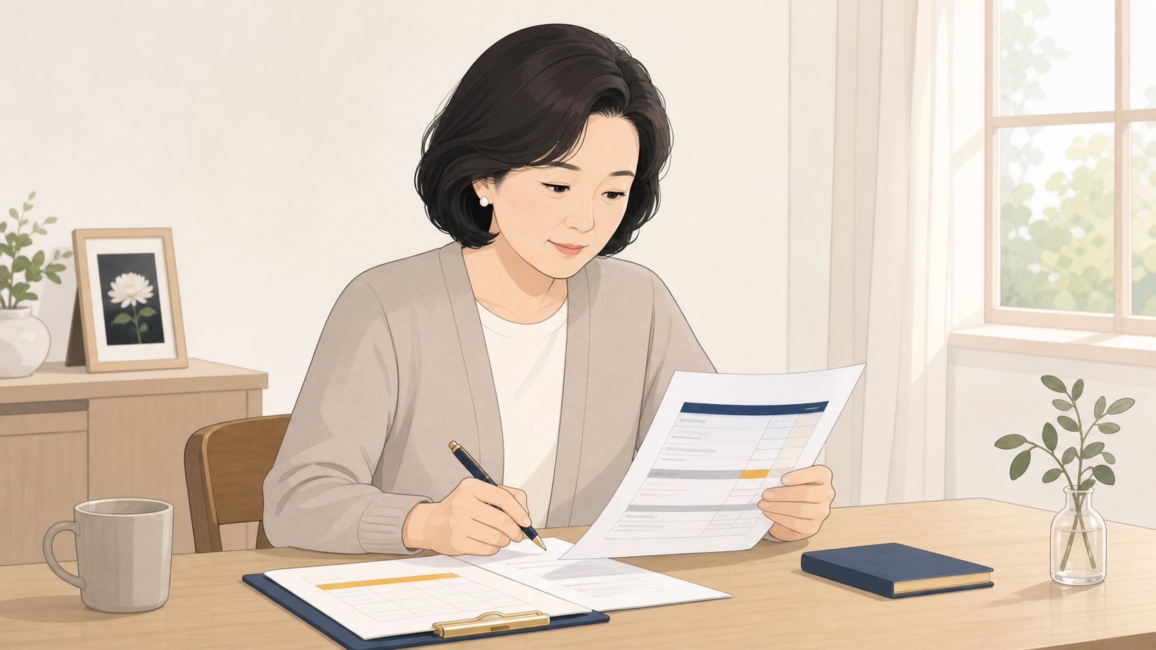 가족이 견적서를 펼쳐두고 안치료 항목에 메모를 적으며 차분히 확인하는 장면