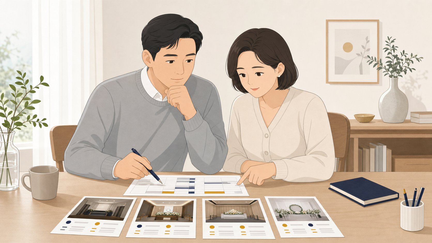 가족 두 명이 일정표와 시설 카드를 함께 펼쳐두고 안치 일정 계획을 정리하는 장면