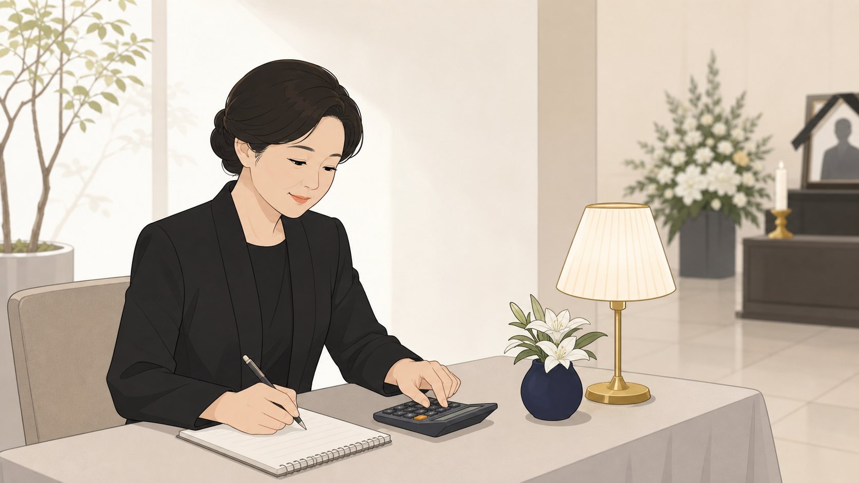 가족이 빈소 한쪽 책상에서 명단과 인분 수를 계산기로 차분히 정리하는 단정한 장면