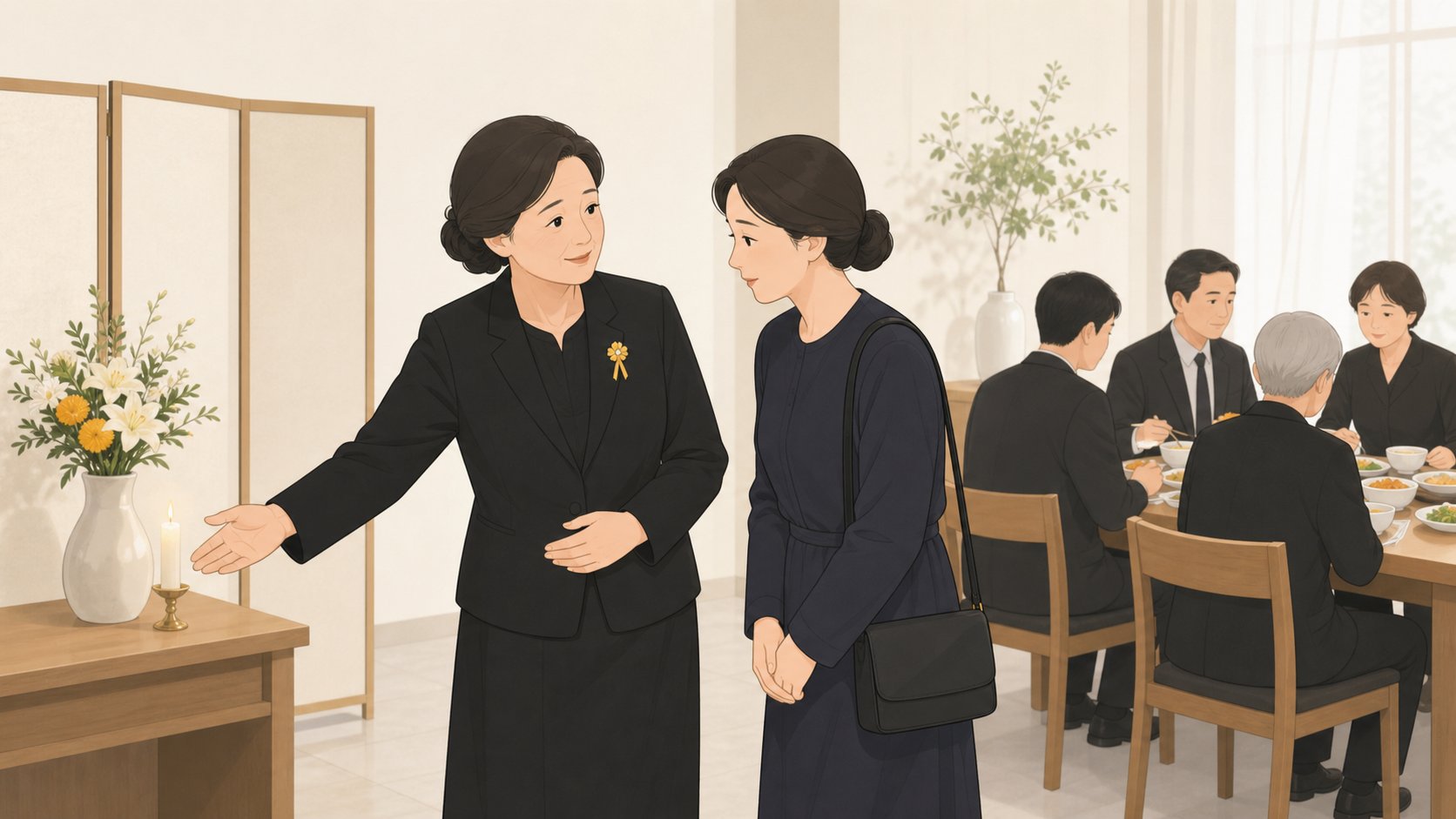 빈소 접객실에서 가족이 차분히 조문객에게 음식 자리를 안내하는 따뜻한 장면