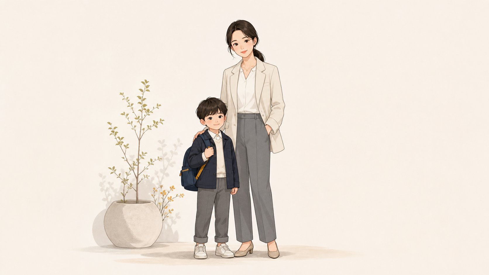 단정한 어두운 톤의 평상복을 입은 어린이가 부모 옆에 차분히 서 있는 일러스트