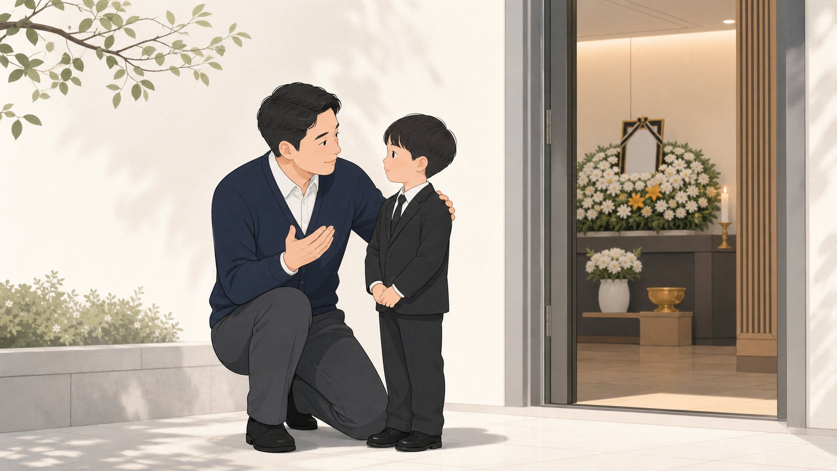 어린이와 부모가 빈소 입구 한쪽에서 손을 잡고 차분히 사전 설명을 나누는 따뜻한 장면