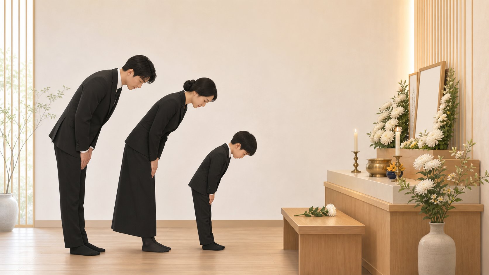 가족이 빈소 안에서 함께 절을 올리고 어린이가 차분히 따라 인사하는 단정한 장면