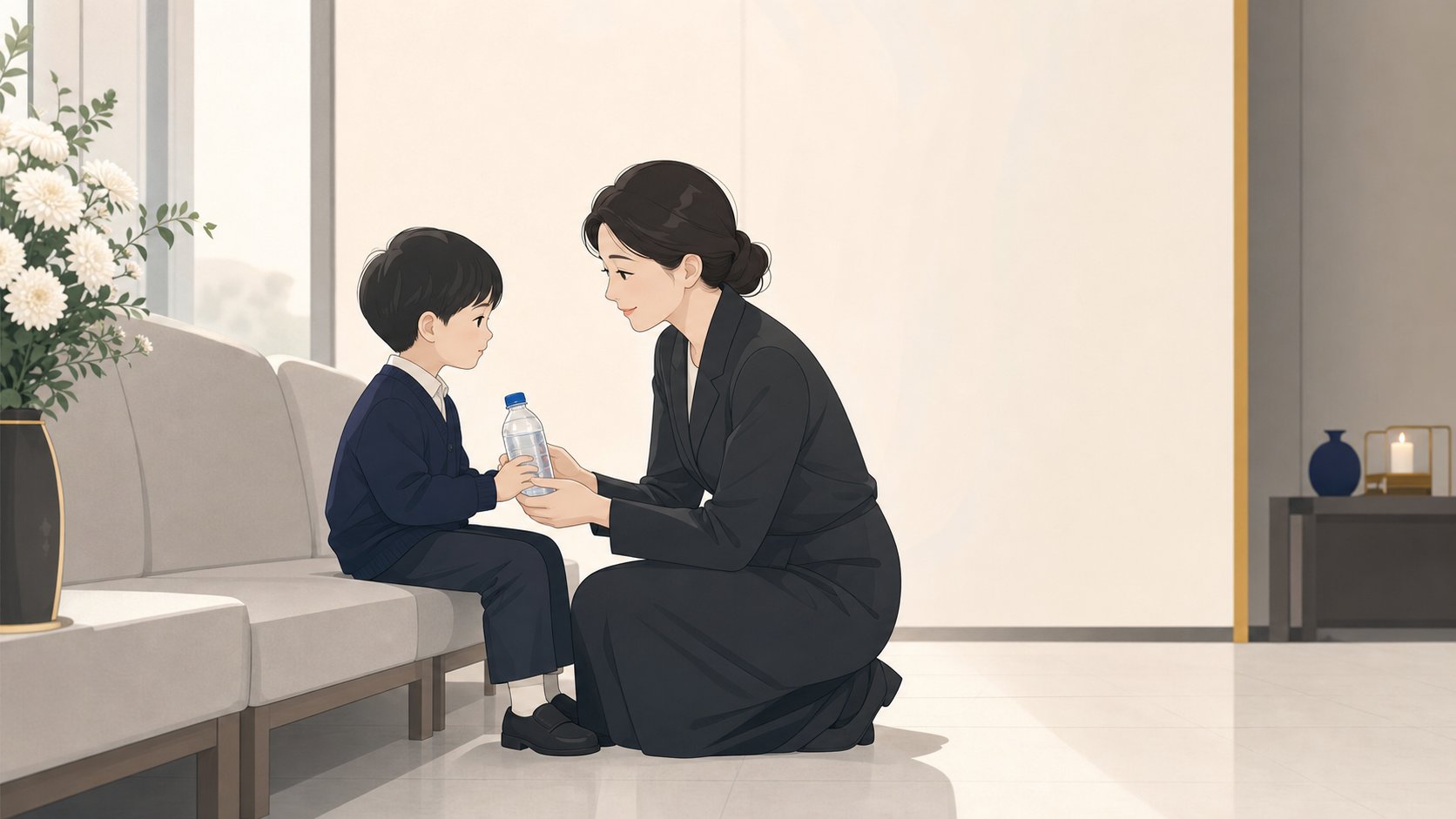 빈소 앞 휴게 공간에서 부모가 어린이에게 물을 건네며 잠시 쉬어가는 따뜻한 장면