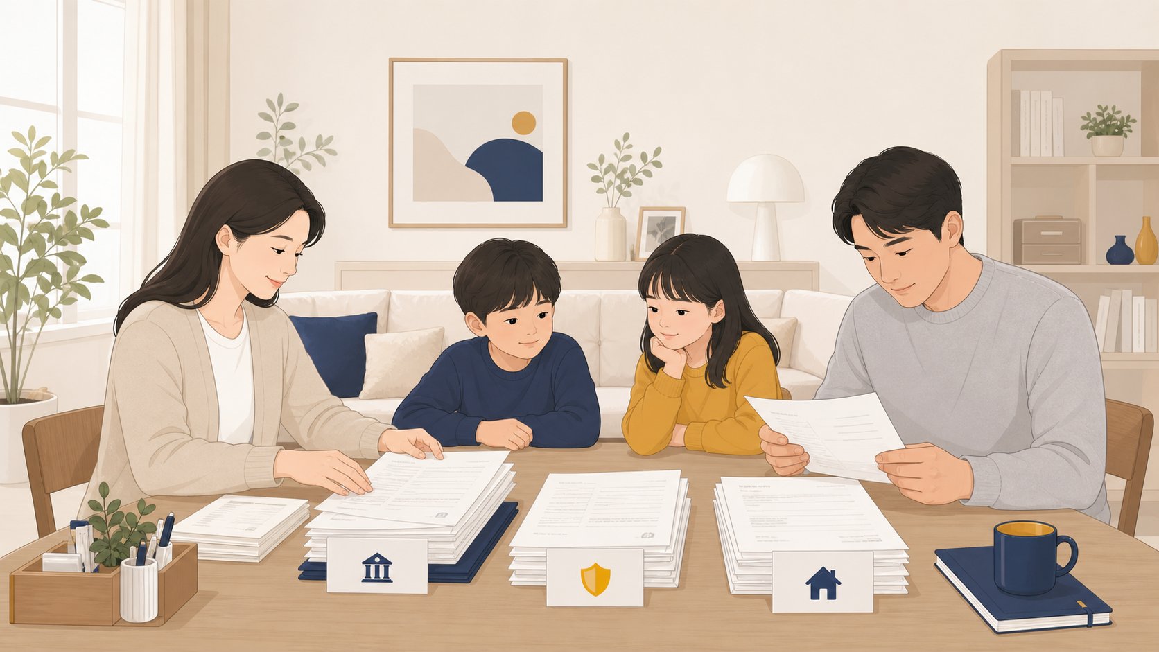 가족이 거실 식탁에서 사망진단서 사본과 가족관계증명서를 은행 보험 서류 양식과 함께 정리하는 장면