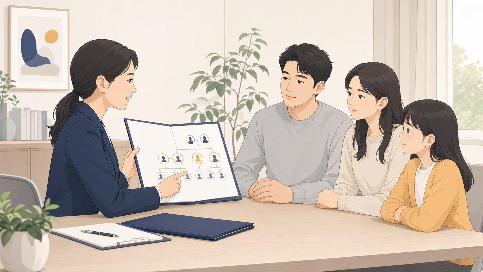 가족 구성원 다이어그램과 함께 유족 수급 순위를 차분히 설명하는 상담 장면