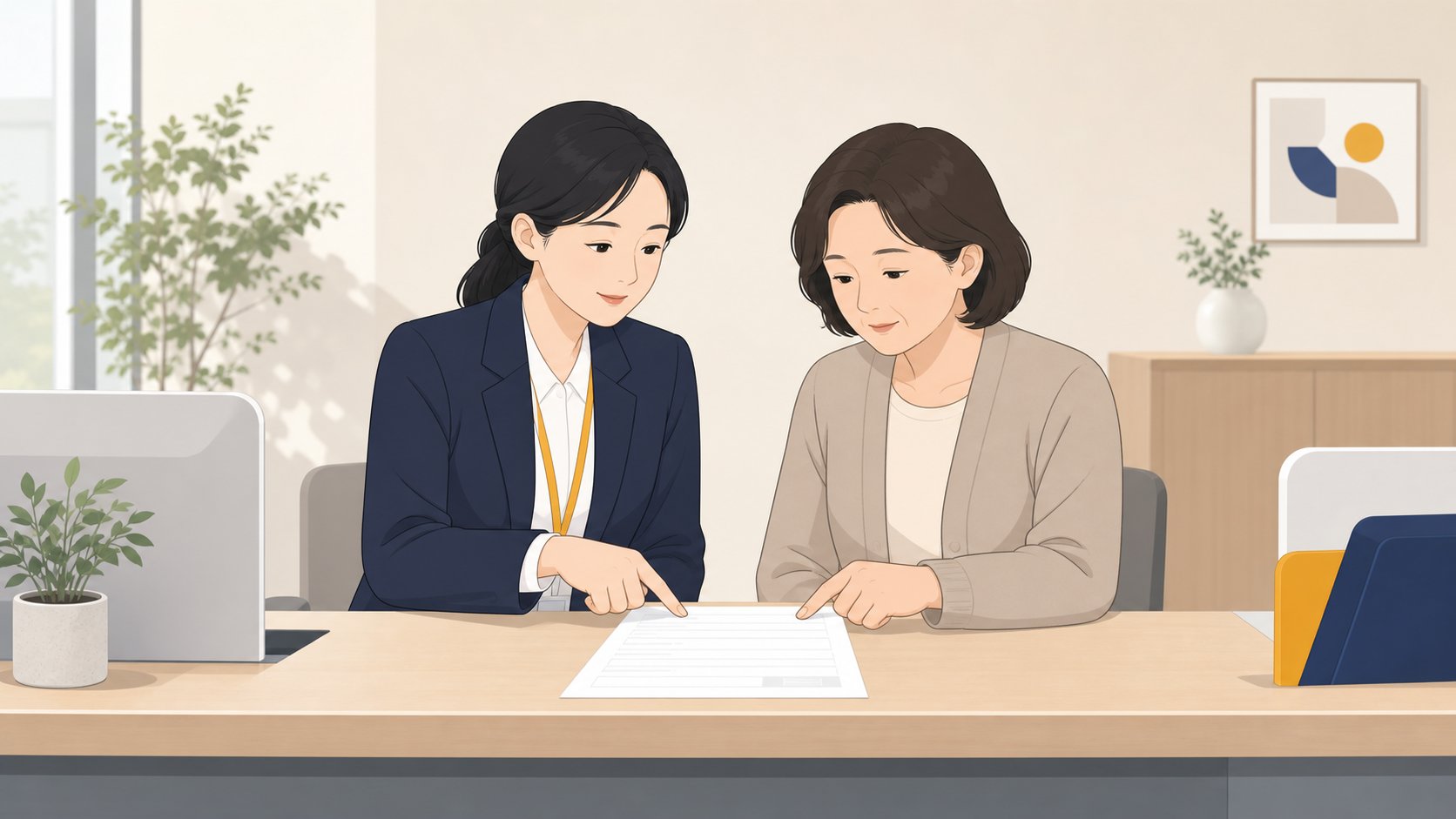 유족이 근로복지공단 안내데스크에서 직원과 산재 유족급여 신청서를 함께 검토하는 단정한 장면