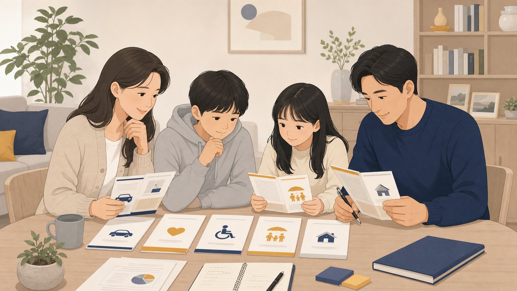 가족이 거실에서 산재 보상 항목별 안내문을 펼쳐두고 차분히 확인하는 단정한 장면