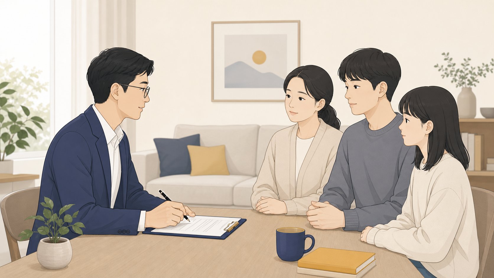 자택에서 검안 의사와 가족이 시체검안서 발급 절차를 차분히 진행하는 단정한 장면