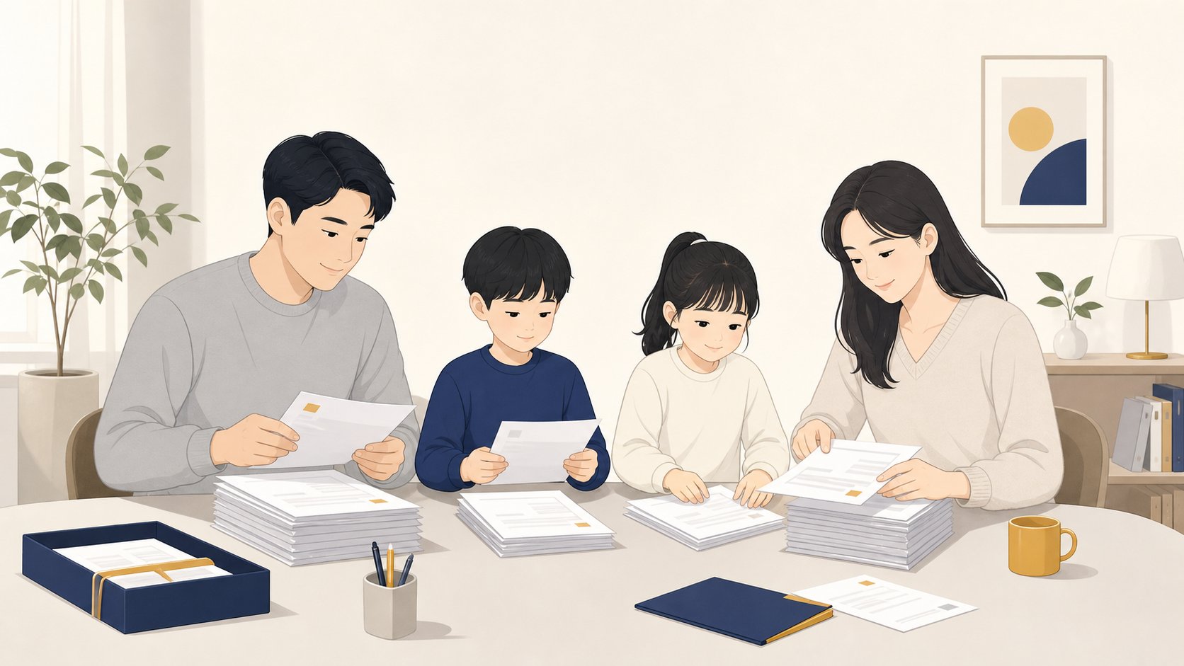 가족이 책상에서 발급받은 사망진단서 여러 부를 가지런히 정리하는 단정한 장면