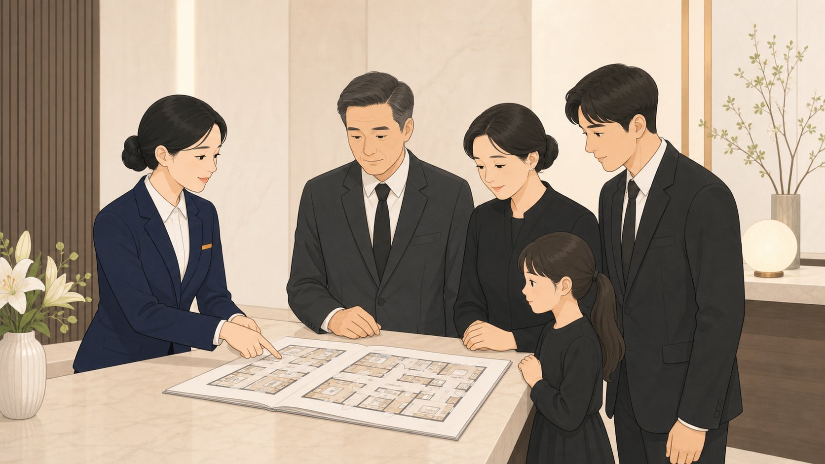 장례식장 안내데스크에서 직원과 가족이 빈소 평면도를 함께 보며 빈소 크기를 결정하는 단정한 장면