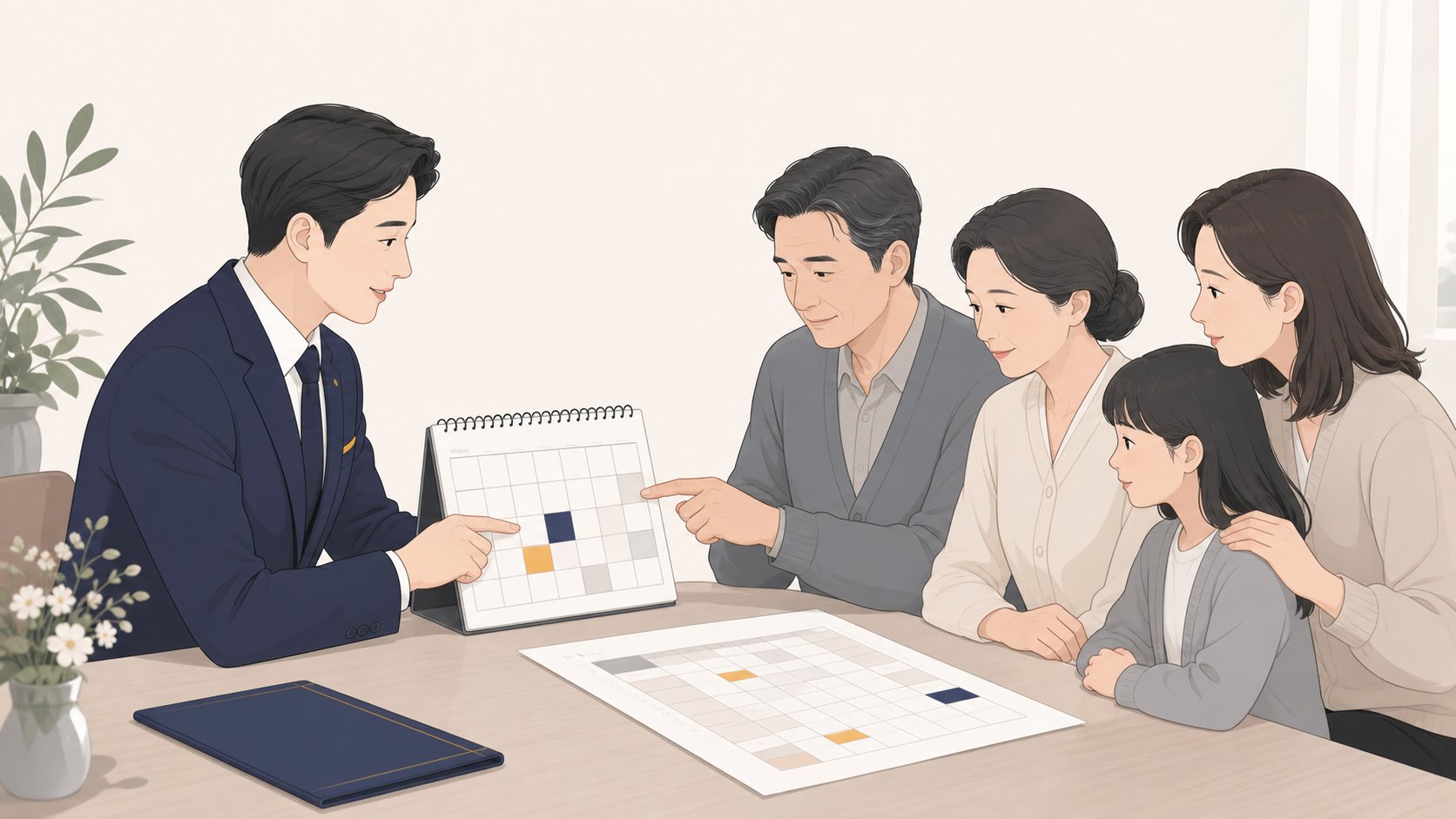 장례지도사가 가족에게 화장장 예약 캘린더를 보여주며 발인 일정을 함께 정하는 단정한 장면