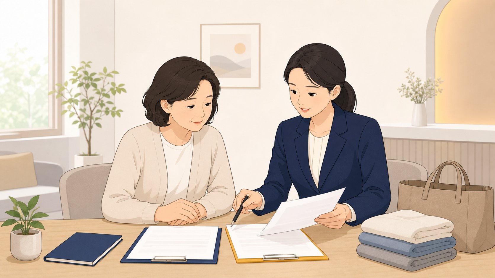 요양시설 사무실에서 가족과 직원이 입원 정산서와 유품 인수증을 함께 정리하는 단정한 장면