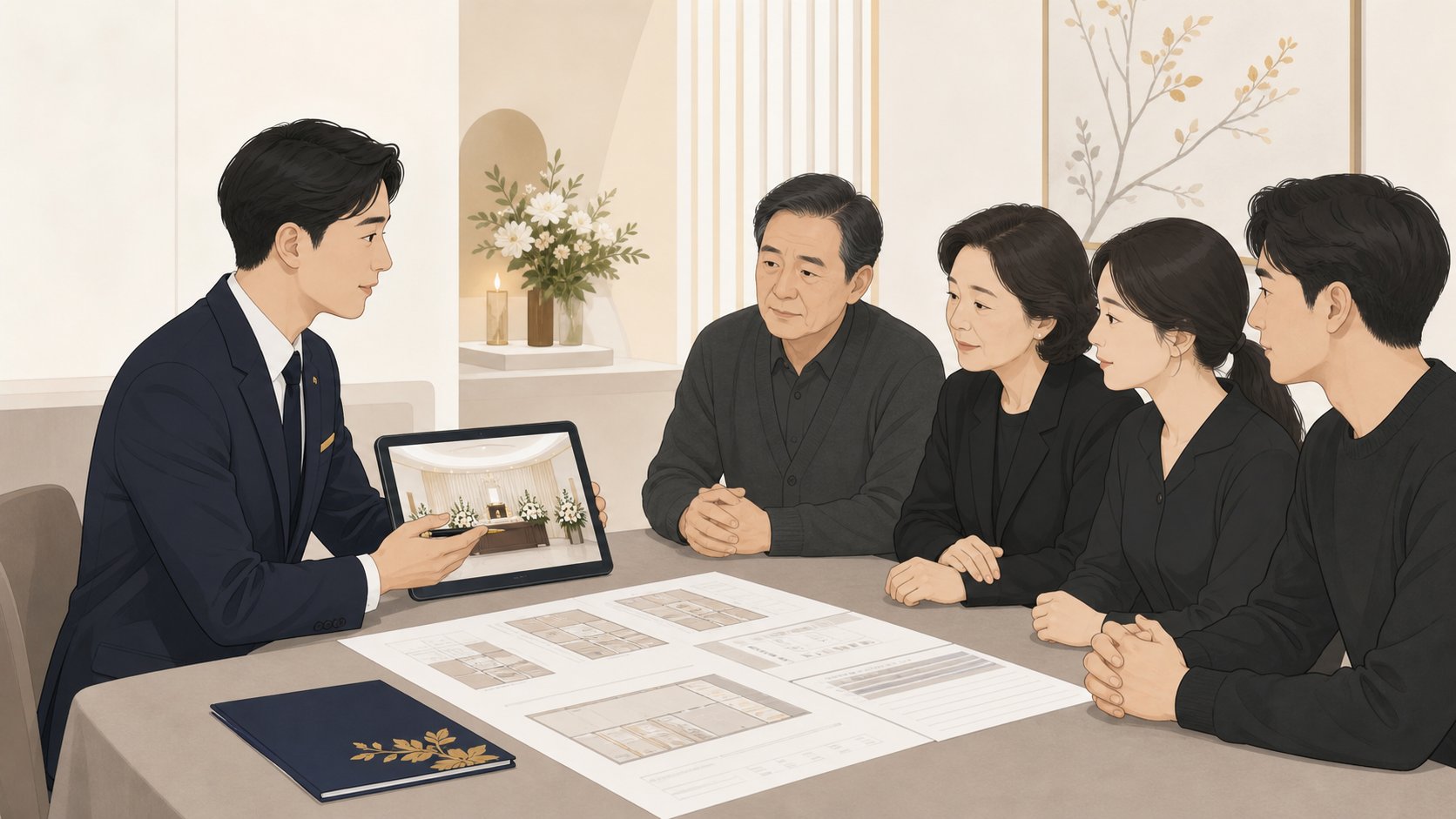 장례지도사가 가족과 빈소 차림과 발인 일정을 함께 의논하며 안내하는 단정한 장면