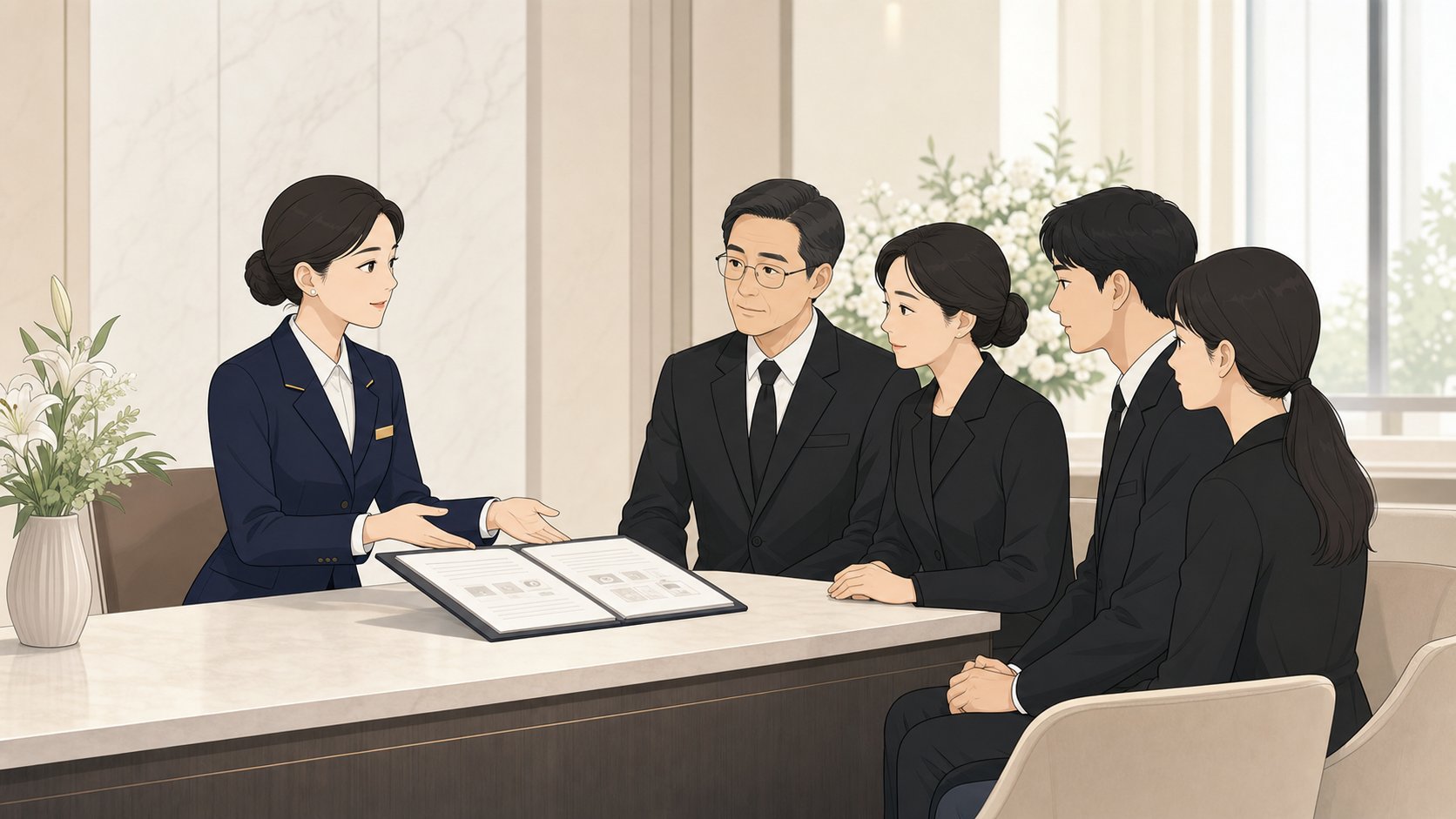 장례식장 직원이 안내데스크에서 빈소 사용 안내와 시설 정산서를 가족에게 설명하는 단정한 장면