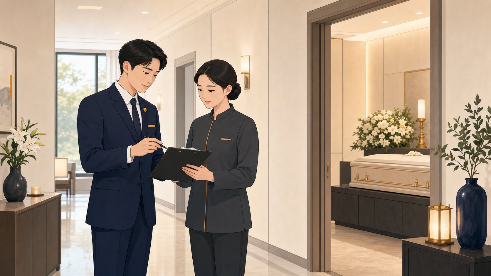 입관실 앞에서 장례지도사와 장례식장 직원이 입관 진행 일정을 함께 점검하는 단정한 장면