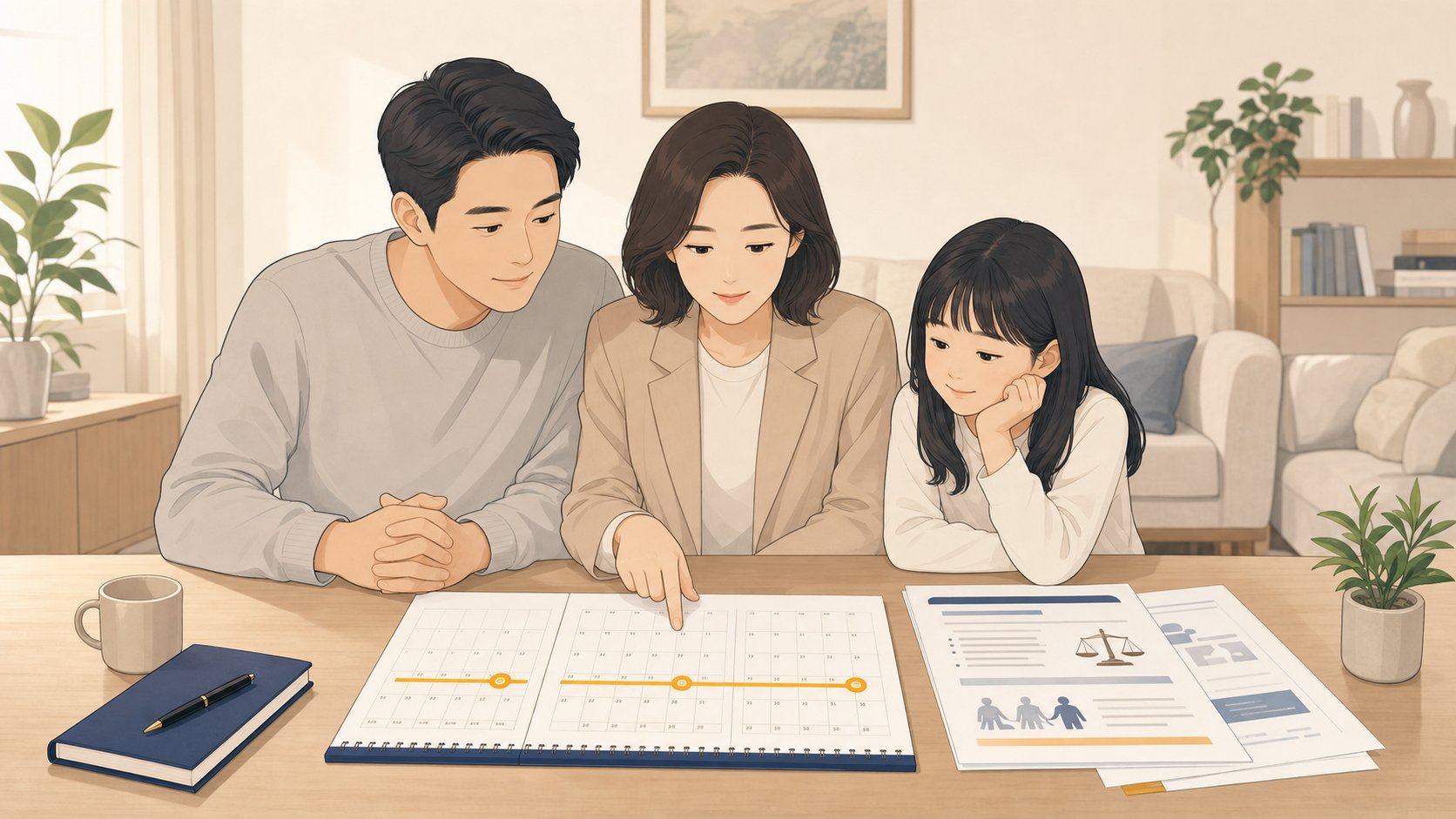 달력에 3개월 신고 기한이 표시된 자료를 가족이 차분히 살피는 단정한 장면