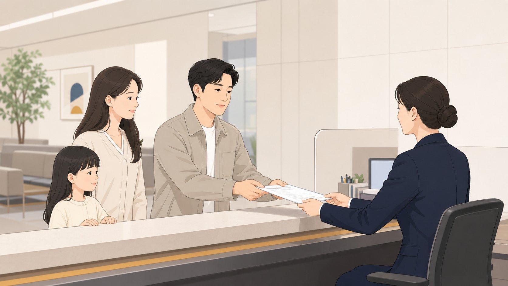 가정법원 민원실 창구에서 가족이 상속포기 신고서를 차분히 제출하는 단정한 장면