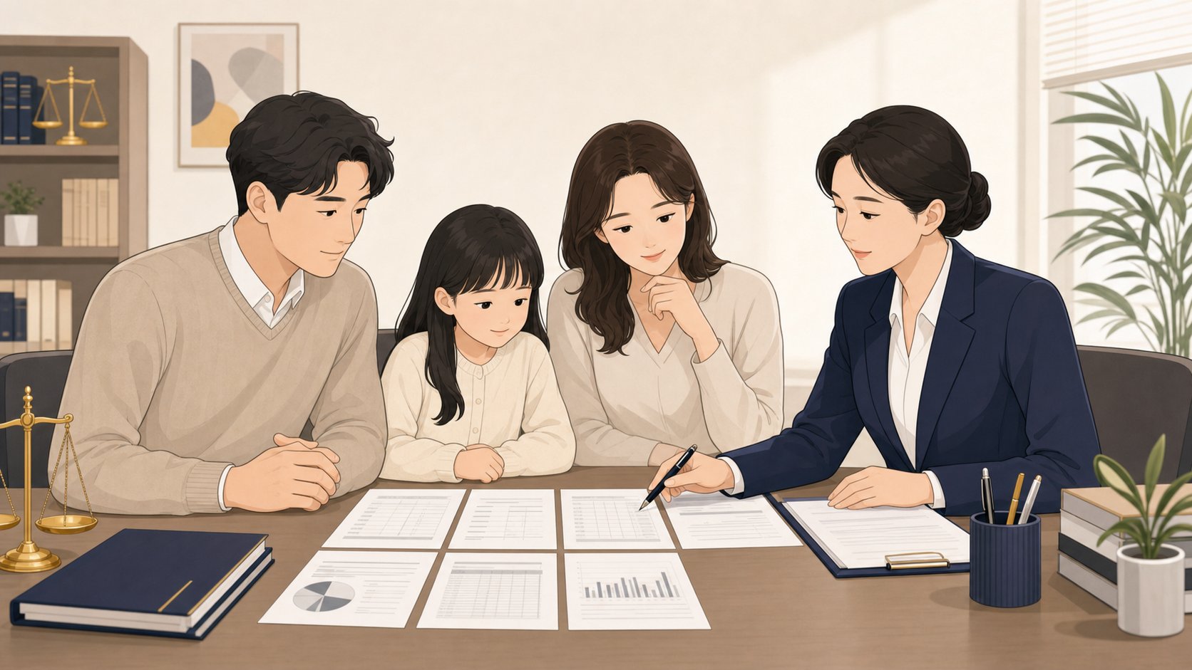 법무사 사무실에서 가족이 한정승인 재산 목록을 함께 정리하는 단정한 장면