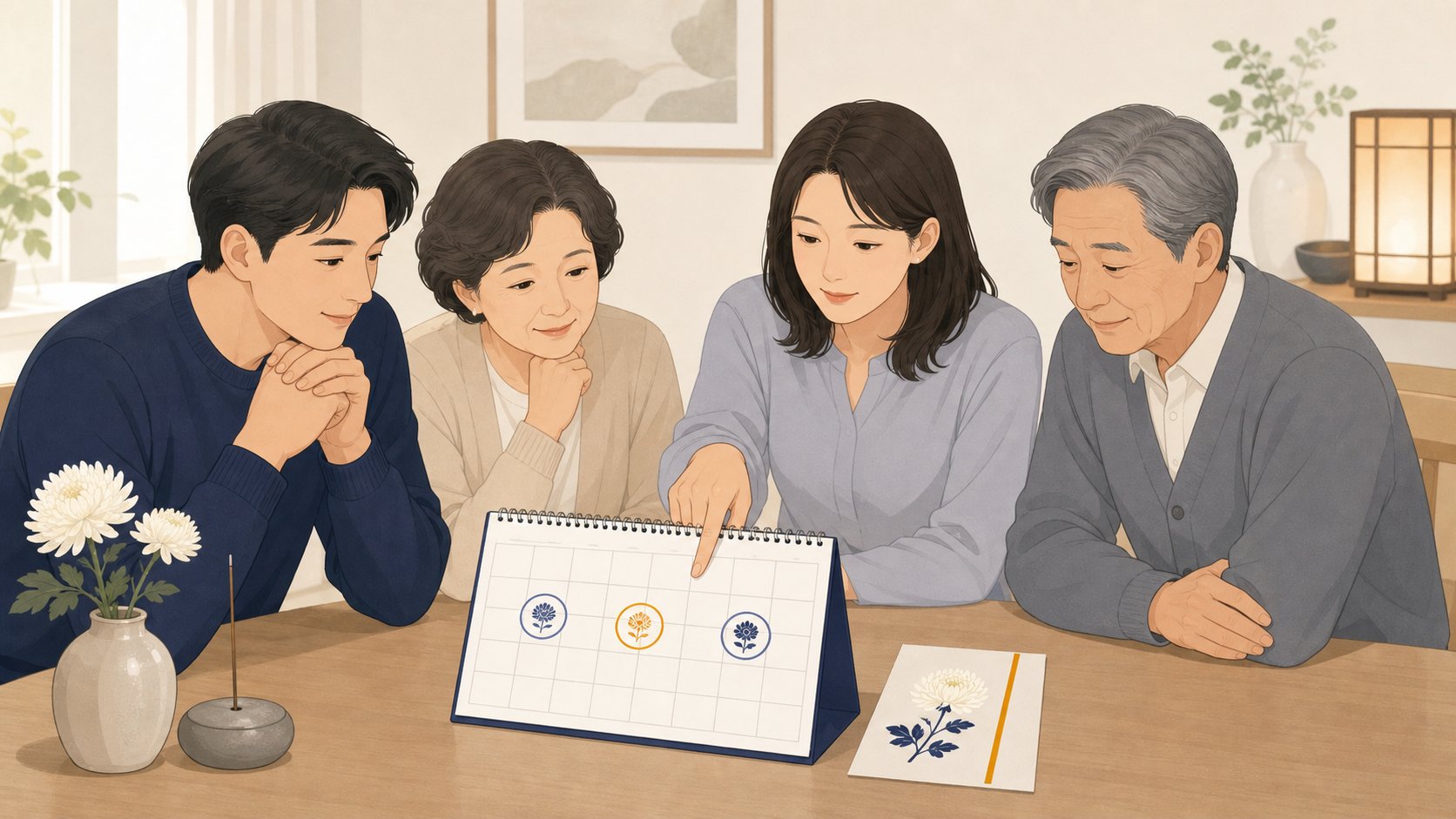 달력 위에 삼우제 49재 1주기 시점이 각각 표시된 자료를 가족이 함께 보는 단정한 장면