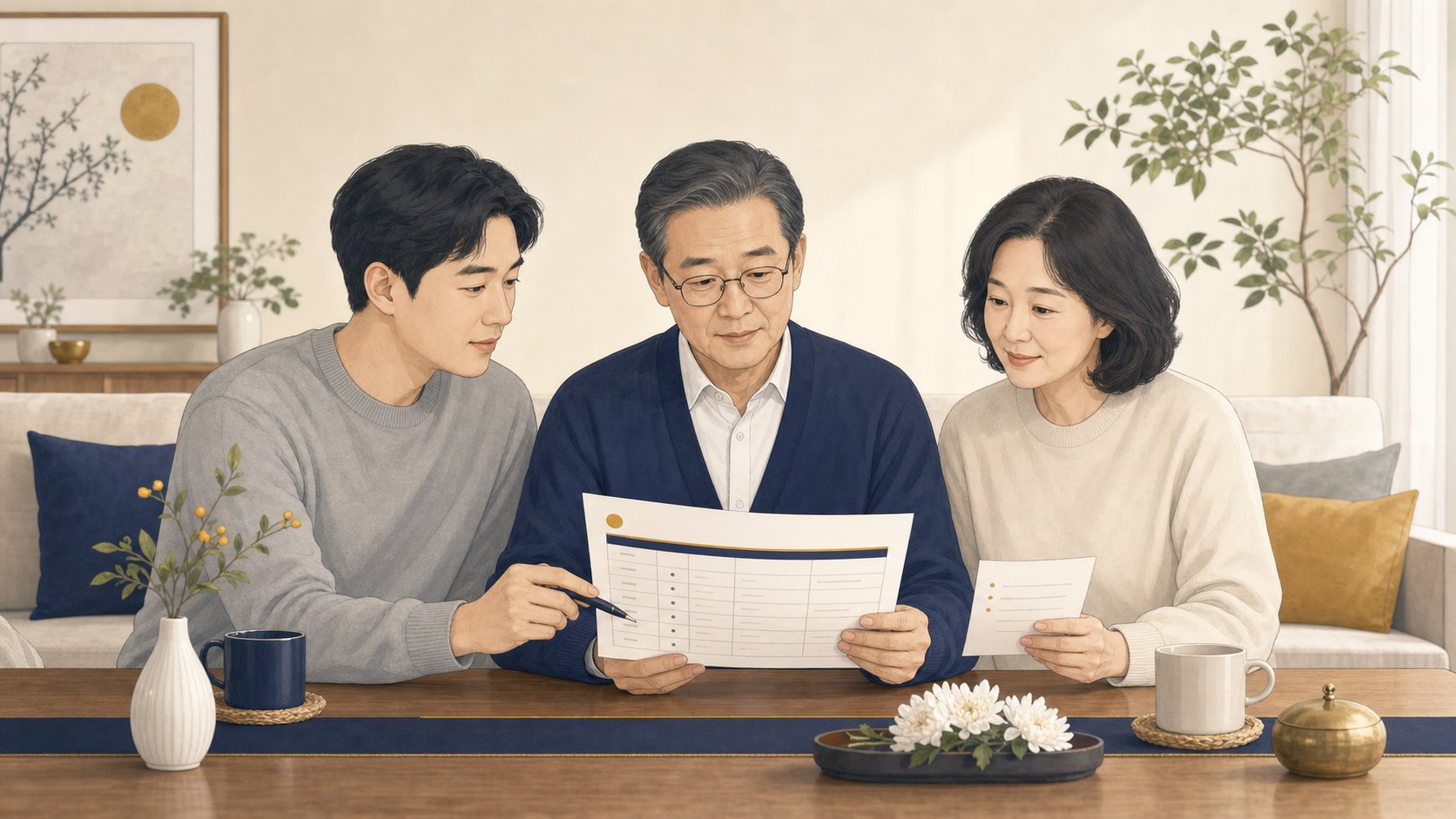 가족이 거실에서 1주기 진행 순서를 차분히 의논하며 일정표를 정리하는 단정한 장면
