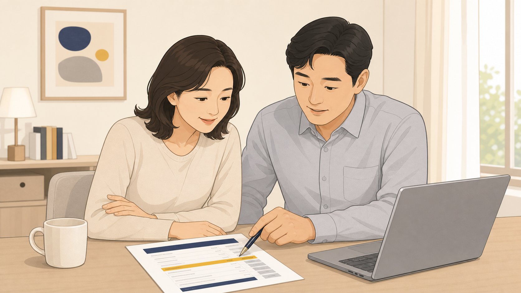 노트북과 견적서를 보며 가족이 장례 비용 항목을 점검하는 일러스트
