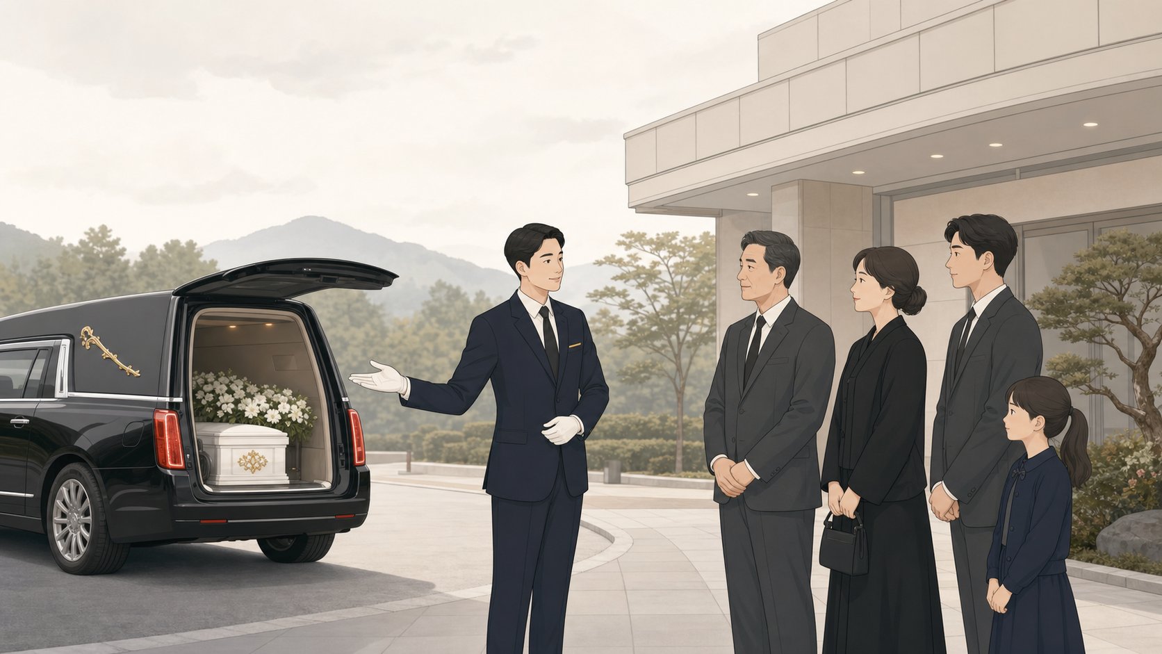 발인식장 운구차 옆에서 장례지도사가 가족에게 동선을 설명하는 일러스트
