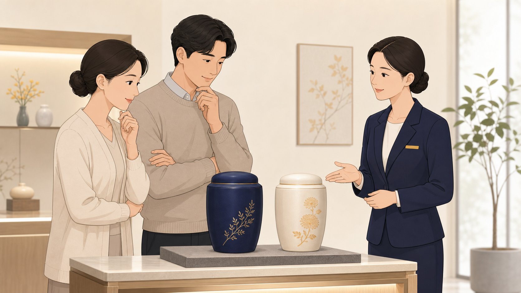 가족이 매장에서 두 가지 유골함을 비교하며 직원의 설명을 듣는 일러스트