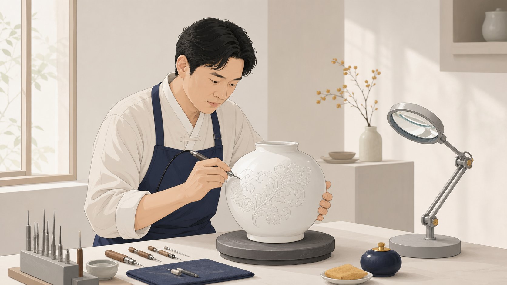 장인이 도자기 유골함 표면에 정성스럽게 각인 작업을 하는 일러스트