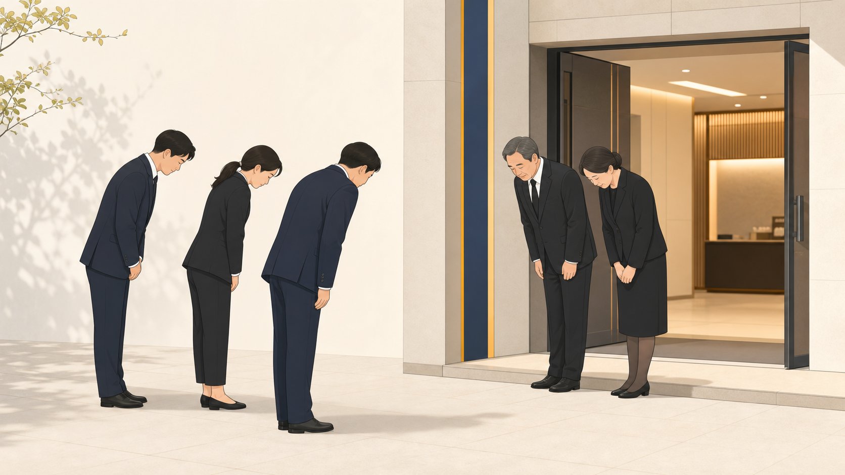 빈소 입구에서 짧게 인사하는 직장 동료들의 일러스트