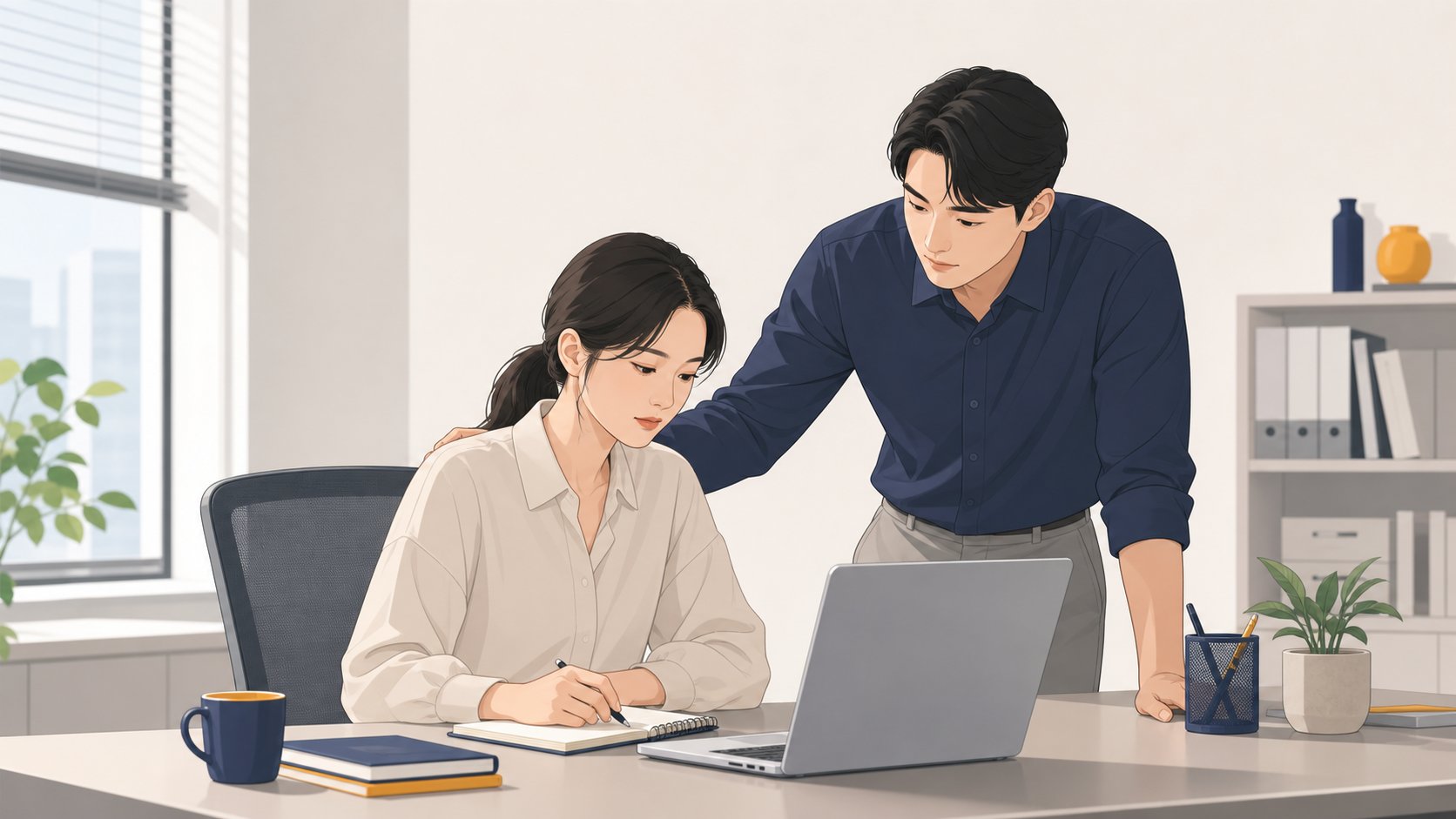 사무실 책상에서 동료가 조용히 업무 복귀를 돕는 일러스트