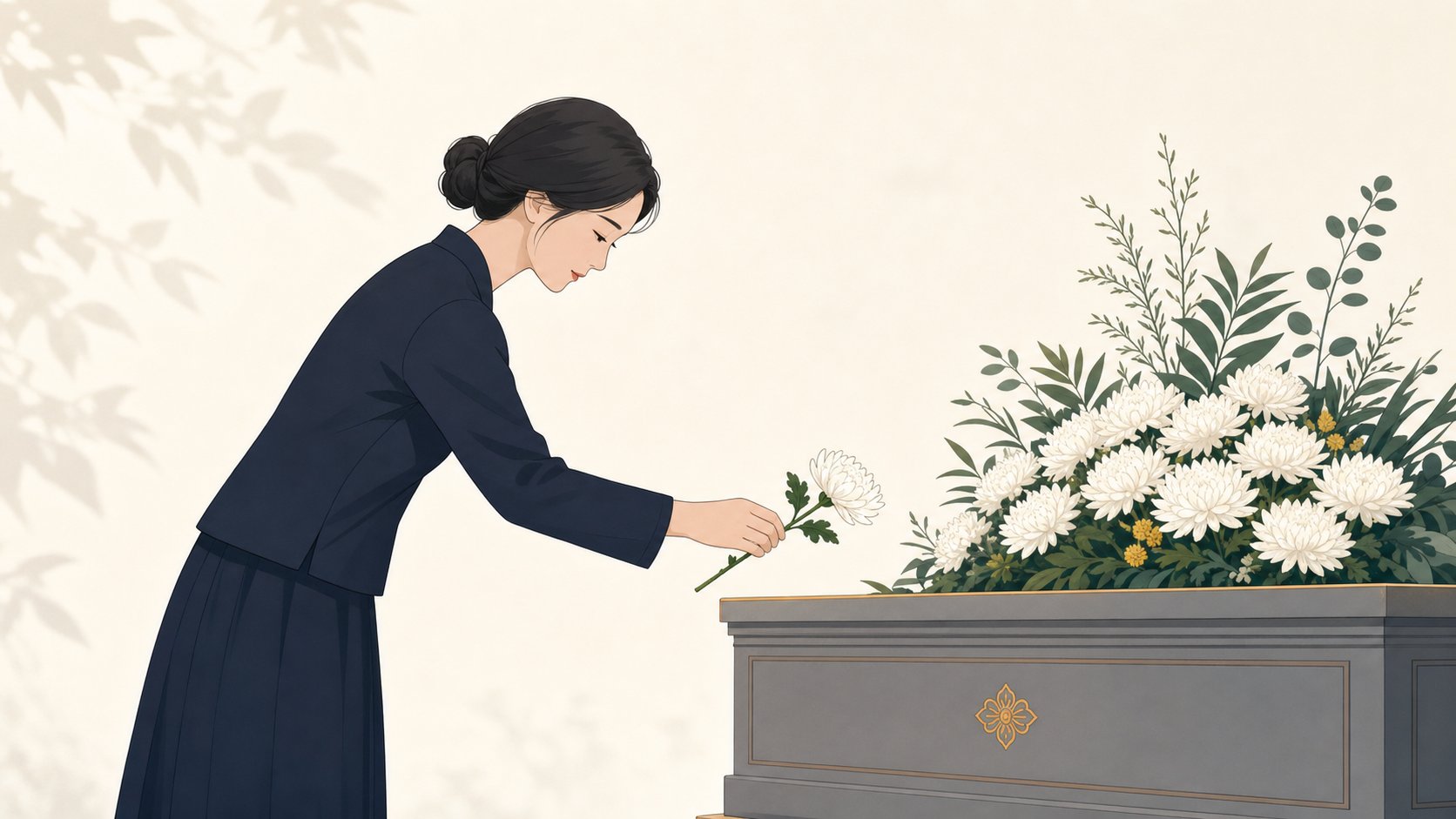 조문객이 헌화대에서 흰 국화 한 송이를 올리고 묵례하는 일러스트