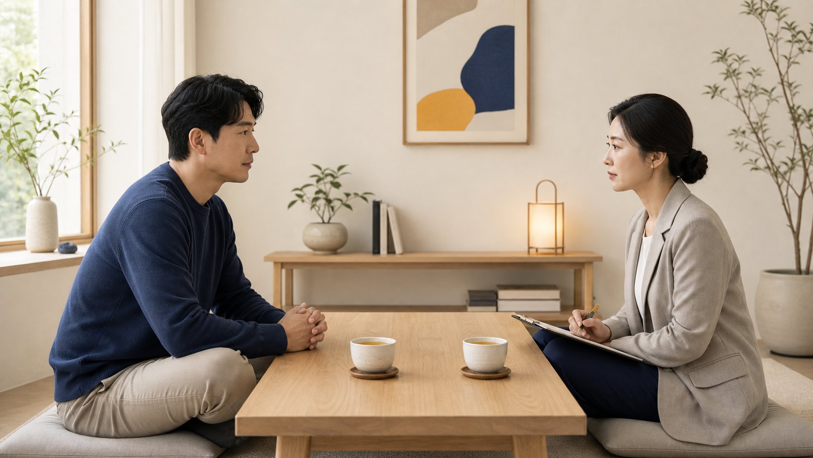 상담실에서 두 사람이 따뜻한 차를 두고 마주 앉아 대화 나누는 일러스트