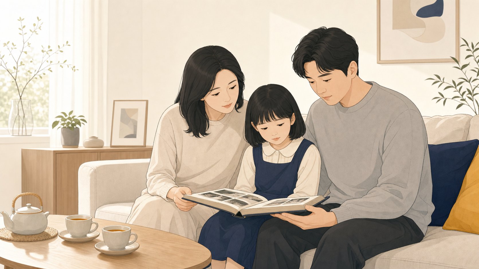 가족이 거실에 모여 사진첩을 함께 보며 추억을 나누는 일러스트