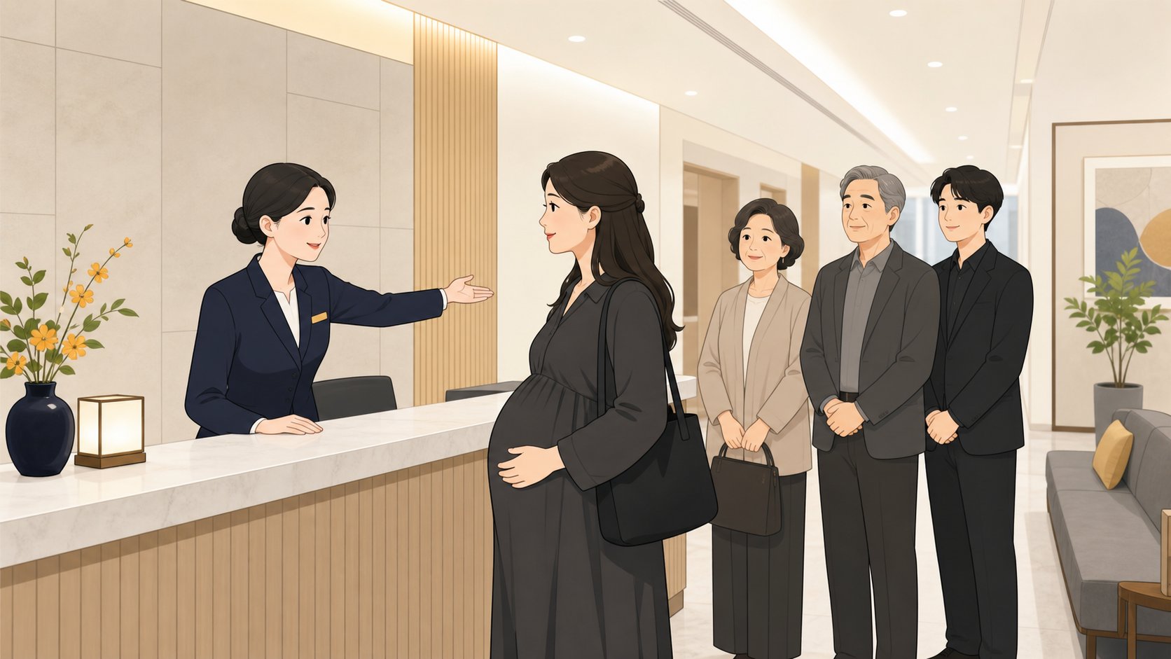 장례식장 안내데스크에서 임산부가 직원의 동선 안내를 받는 모습