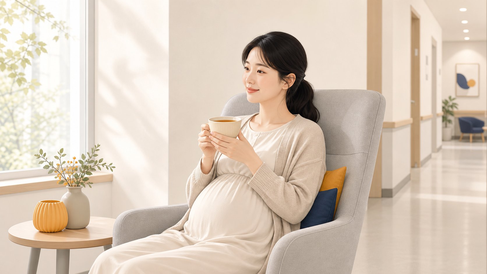 휴게 공간에서 임산부가 따뜻한 차를 마시며 잠시 쉬는 모습