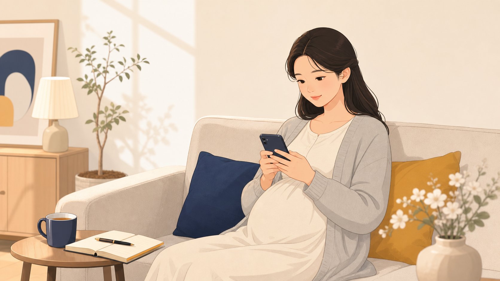 임산부가 스마트폰으로 조의 메시지를 정중하게 작성하는 모습