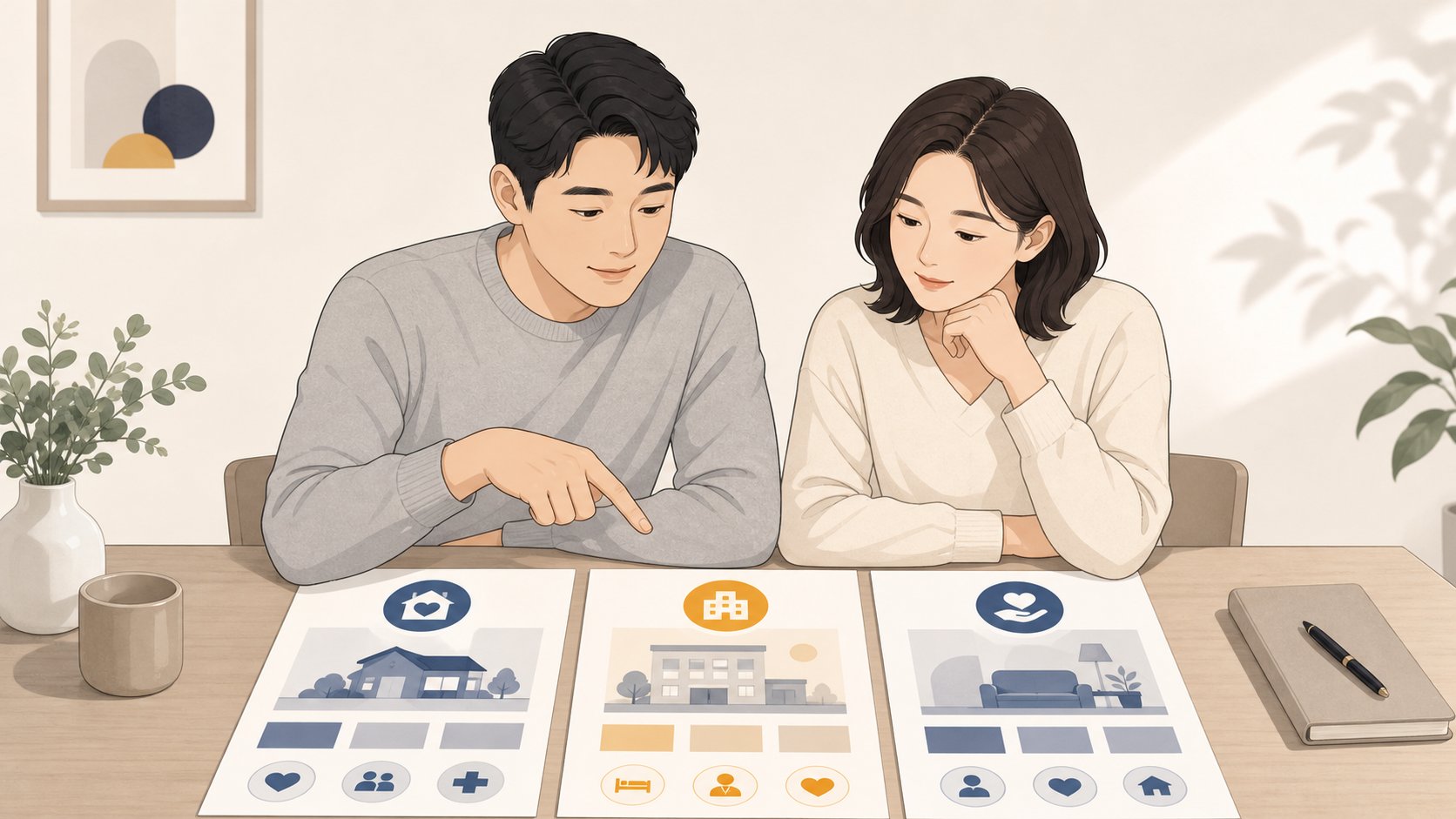 가족이 호스피스 유형 세 가지를 안내문으로 비교해 보는 모습