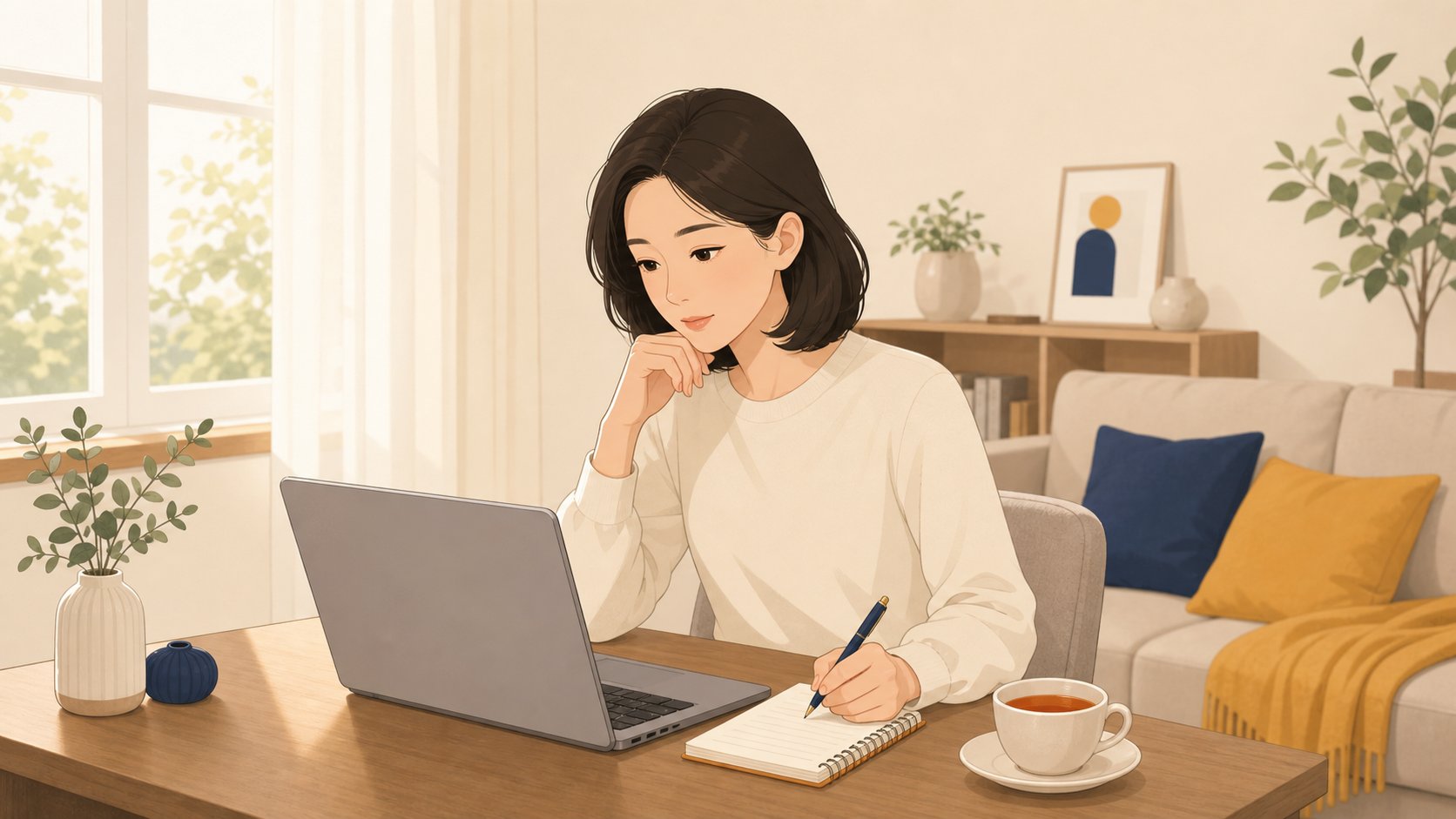 노트북으로 호스피스 기관을 검색하고 메모하며 비교하는 모습