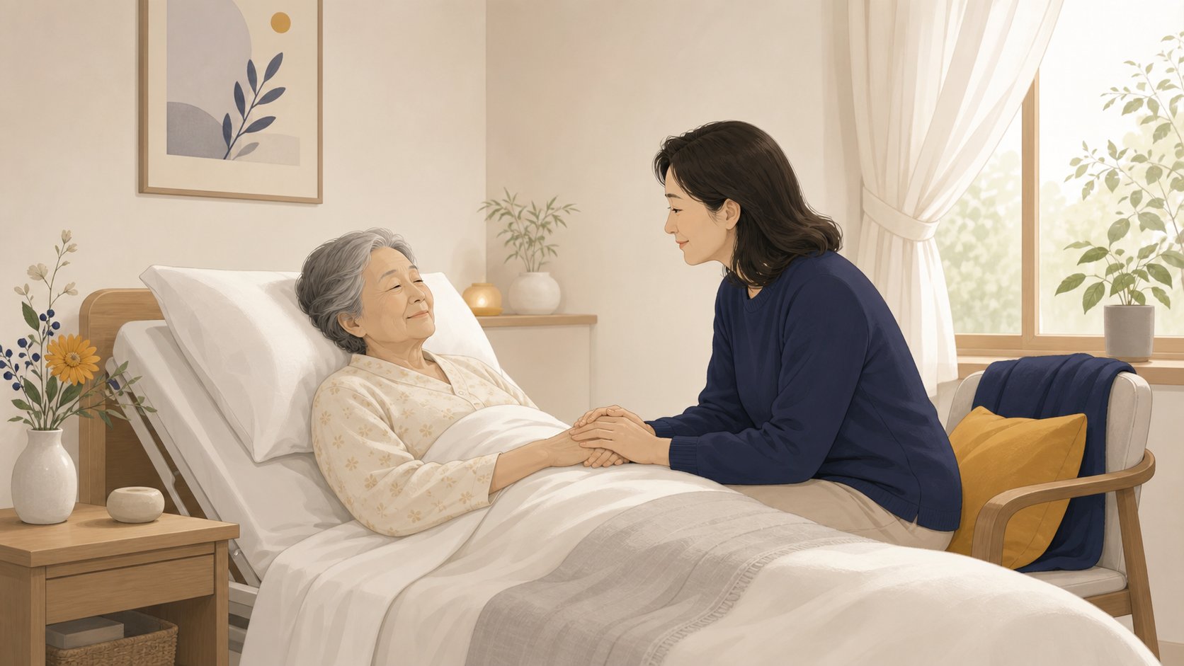 호스피스 1인실에서 환자가 가족의 손을 잡고 평화롭게 있는 모습