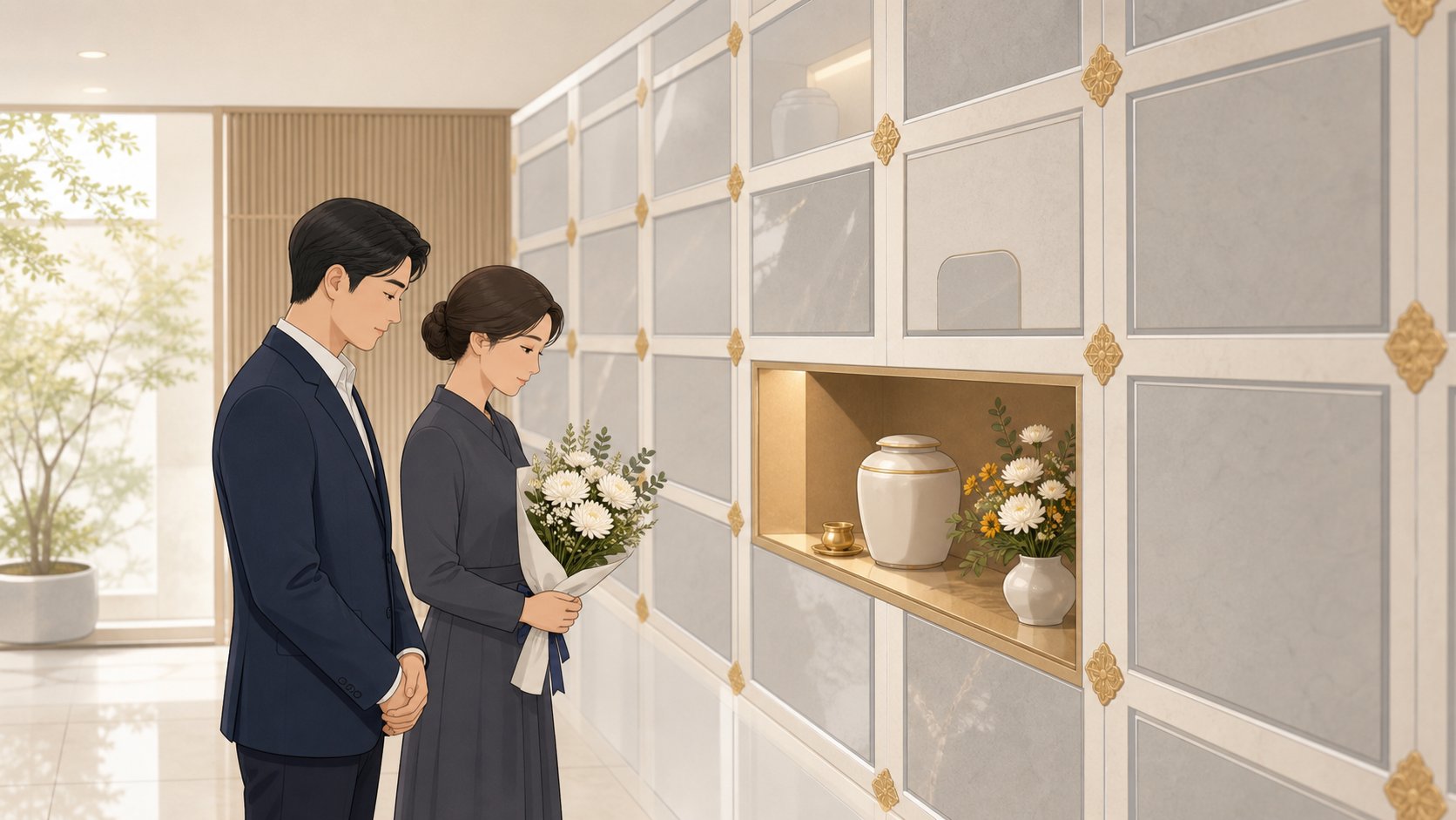 봉안당 실내에서 가족이 조상의 봉안 자리 앞에 차분히 추모하는 모습
