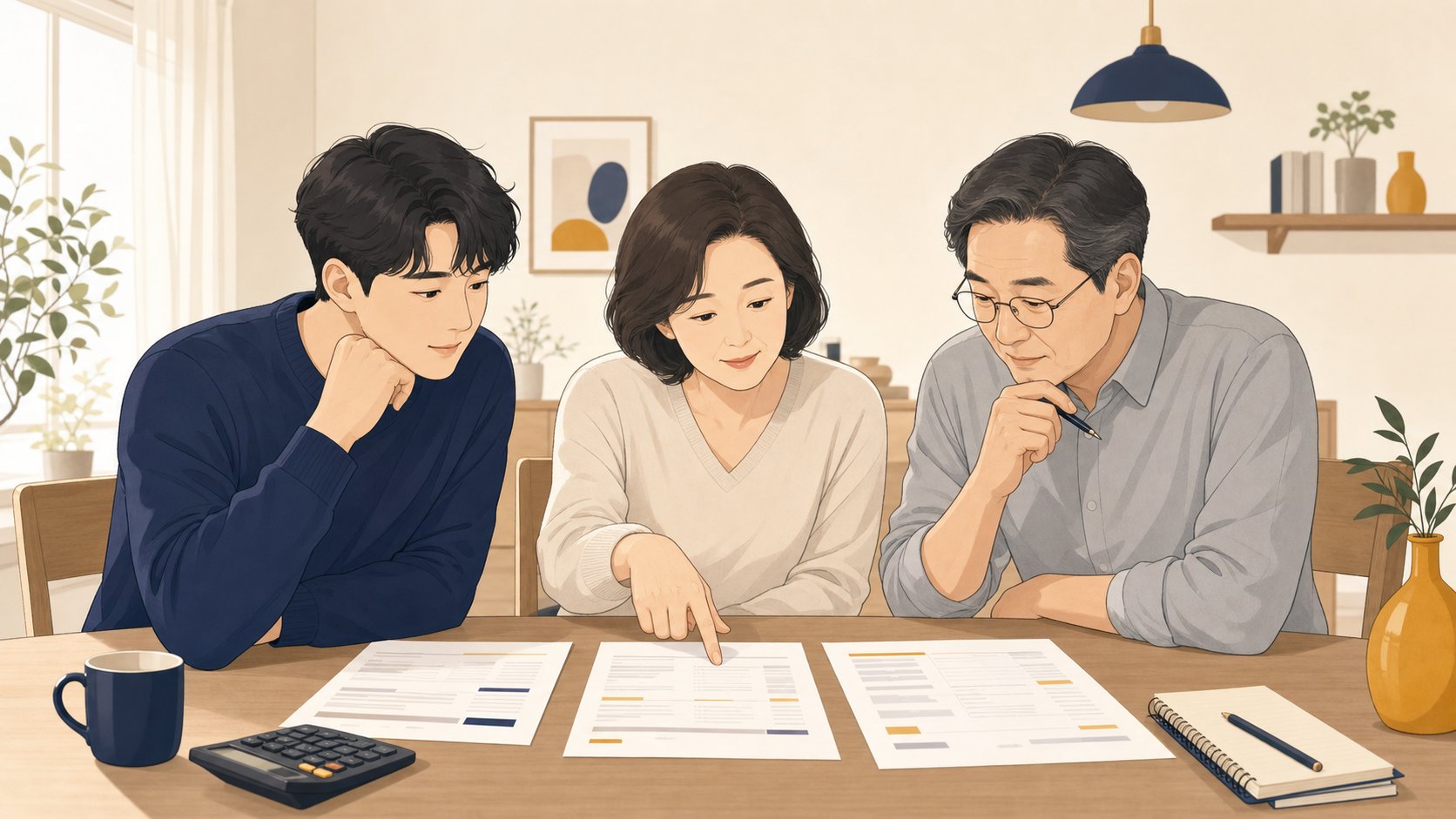 가족이 거실 식탁에서 이장 비용 견적서를 함께 비교하는 모습