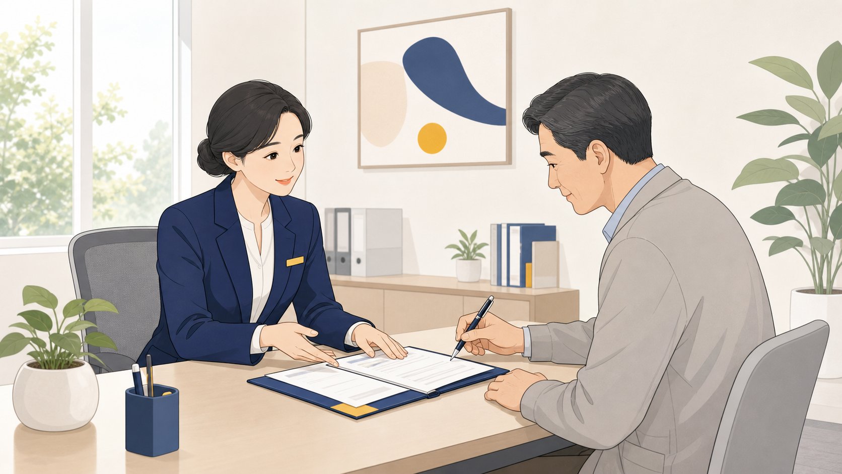 장기기증 등록기관 상담실에서 의향서를 안내받으며 서명하는 모습