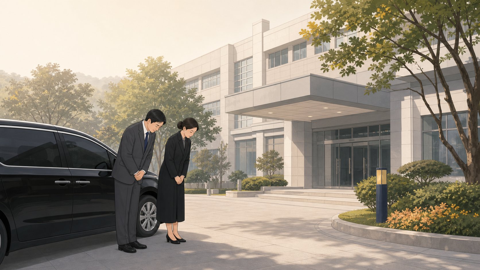 의과대학 건물 앞에서 가족이 운구 차량 곁에 정중히 인사하는 모습