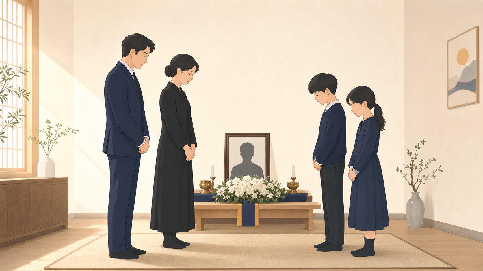 단정한 추모 공간에서 가족이 영정과 꽃 앞에 차분히 묵념하는 모습